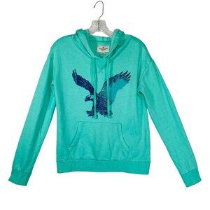 American Eagle Sweatshirt Hoodie Size S Logo Graphic Tropical Teal Soft Pocket